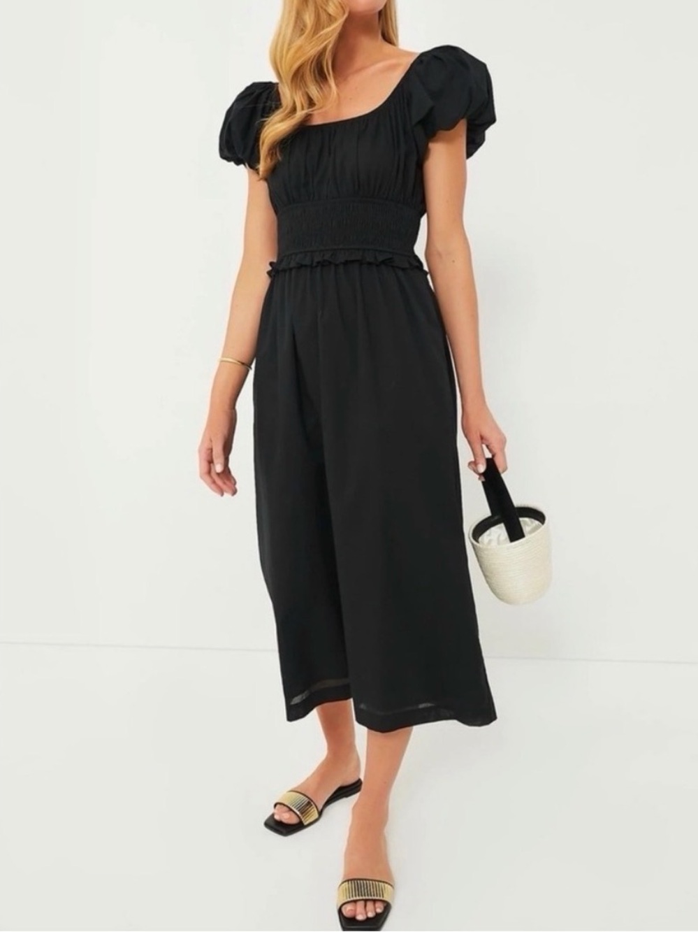 Tuckernuck Pomander Place Flynn Black Smocked Puff Sleeve Midi Dress S